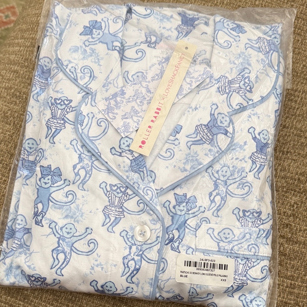 Roller Rabbit x LoveShackFancy long sleeve Blue and White Monkey Pajama Set xxs